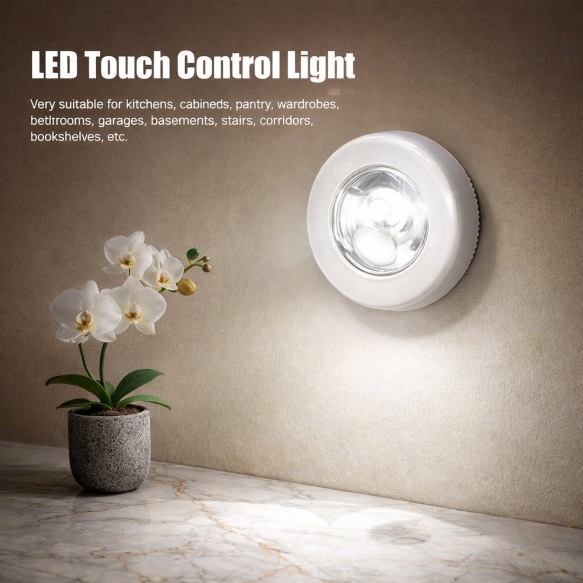 Full set of 10 silver finish wireless LED puck lights arranged in rows, displaying sleek metallic design for home organization.