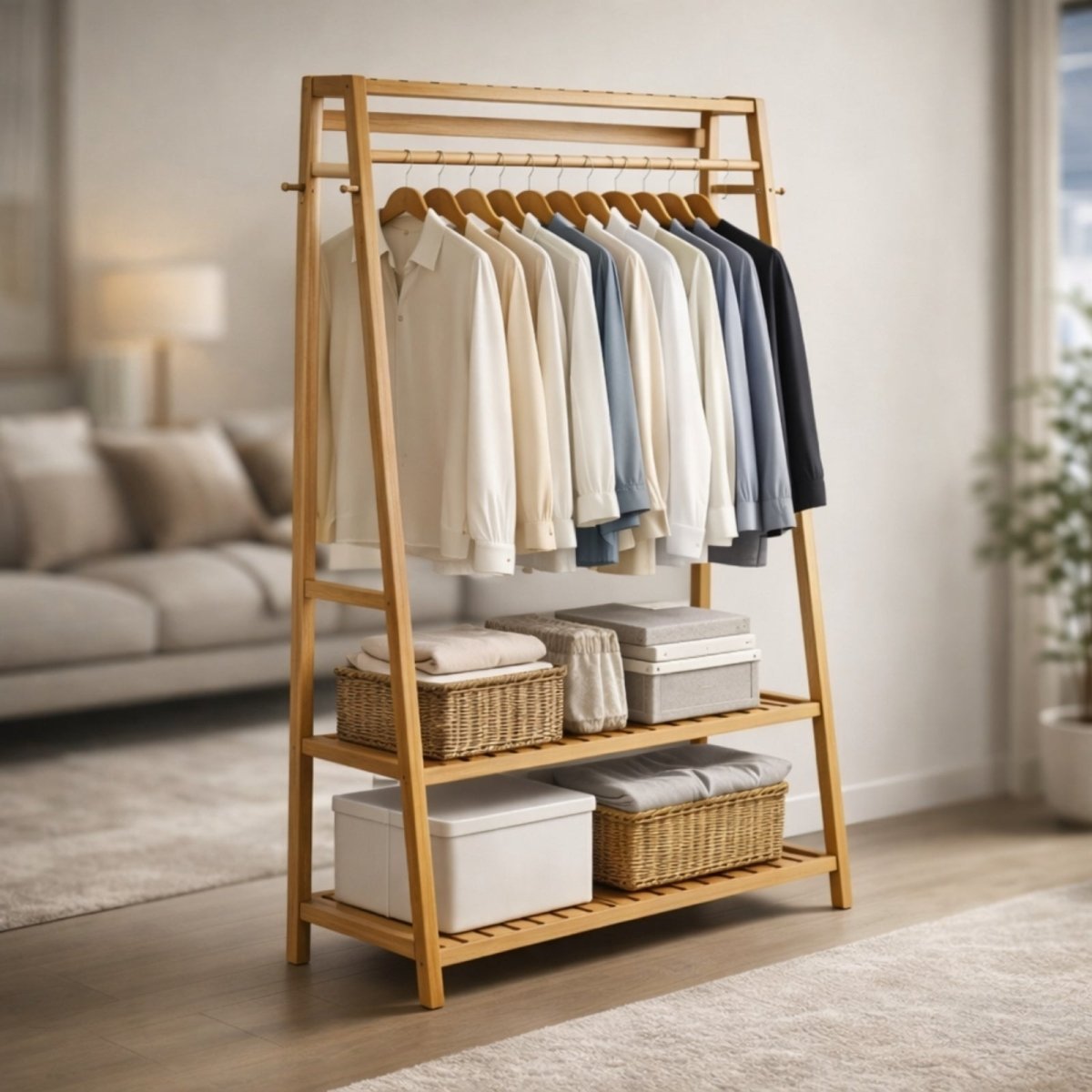 Evander | Bamboo Garment Rack with 3 Shelves & Hooks