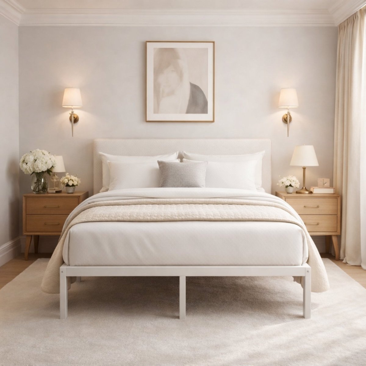 Kouvr white metal platform bed frame styled in a serene, neutral-toned bedroom with cream bedding and warm wall sconces.