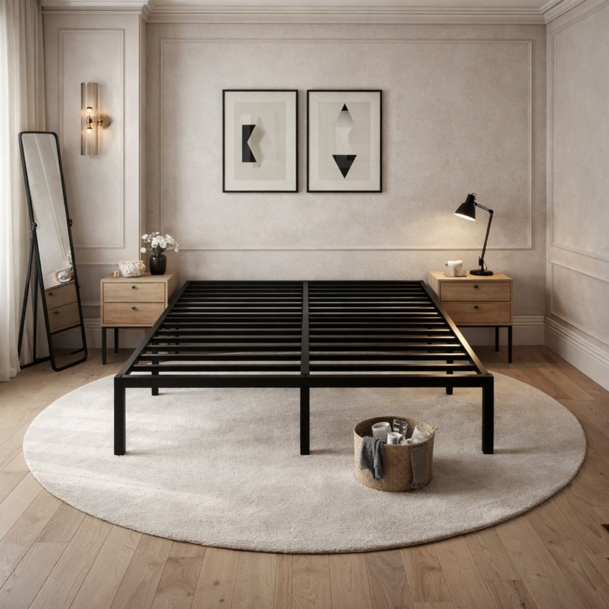 Full view of the Kouvr 14-inch black metal platform bed frame without a mattress, showing the steel slat support system.