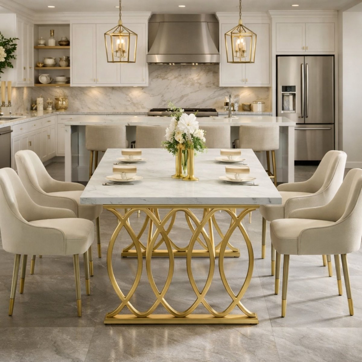 The Aurelia Estate Dining Table | Marble-Finish & Gold Geometric Base