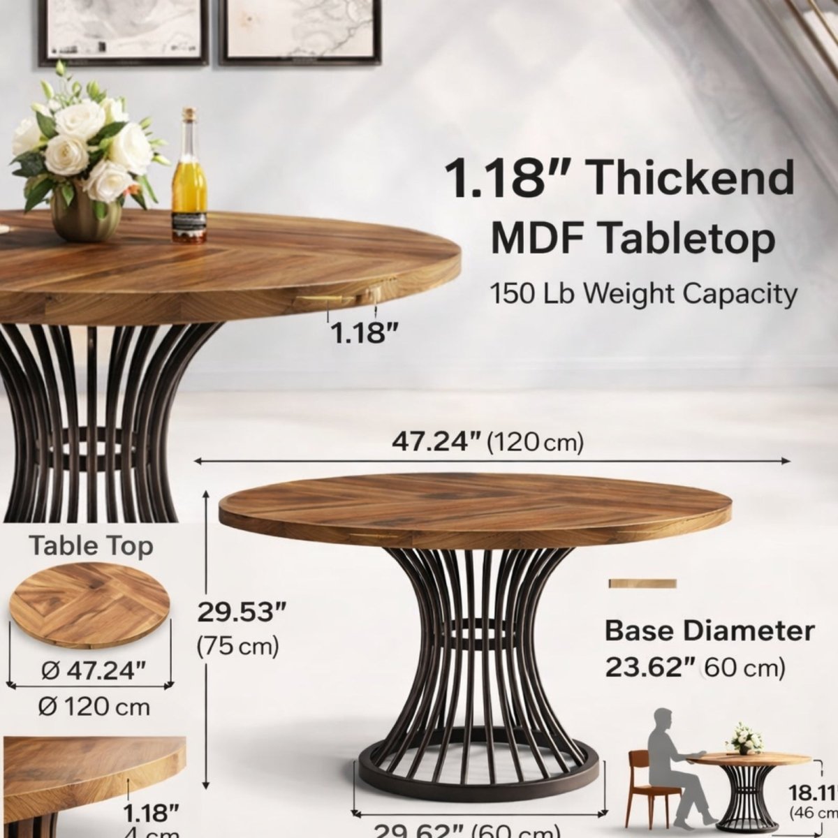Tribesigns Round Dining Table for 4-6 People, 47-Inch Farmhouse Dinning Room Table Circle Kitchen Table, Industrial Dinner Table