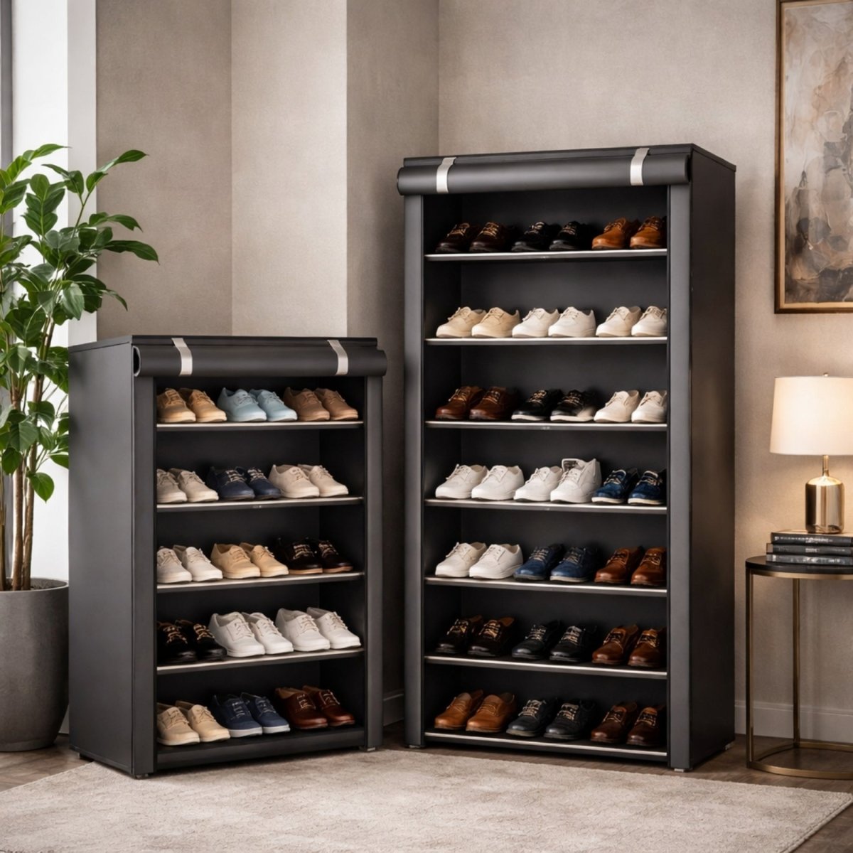 Obsidian Enclave Aera Concealed Shoe Sanctuary | 10-Tier Freestanding Fabric Cabinet