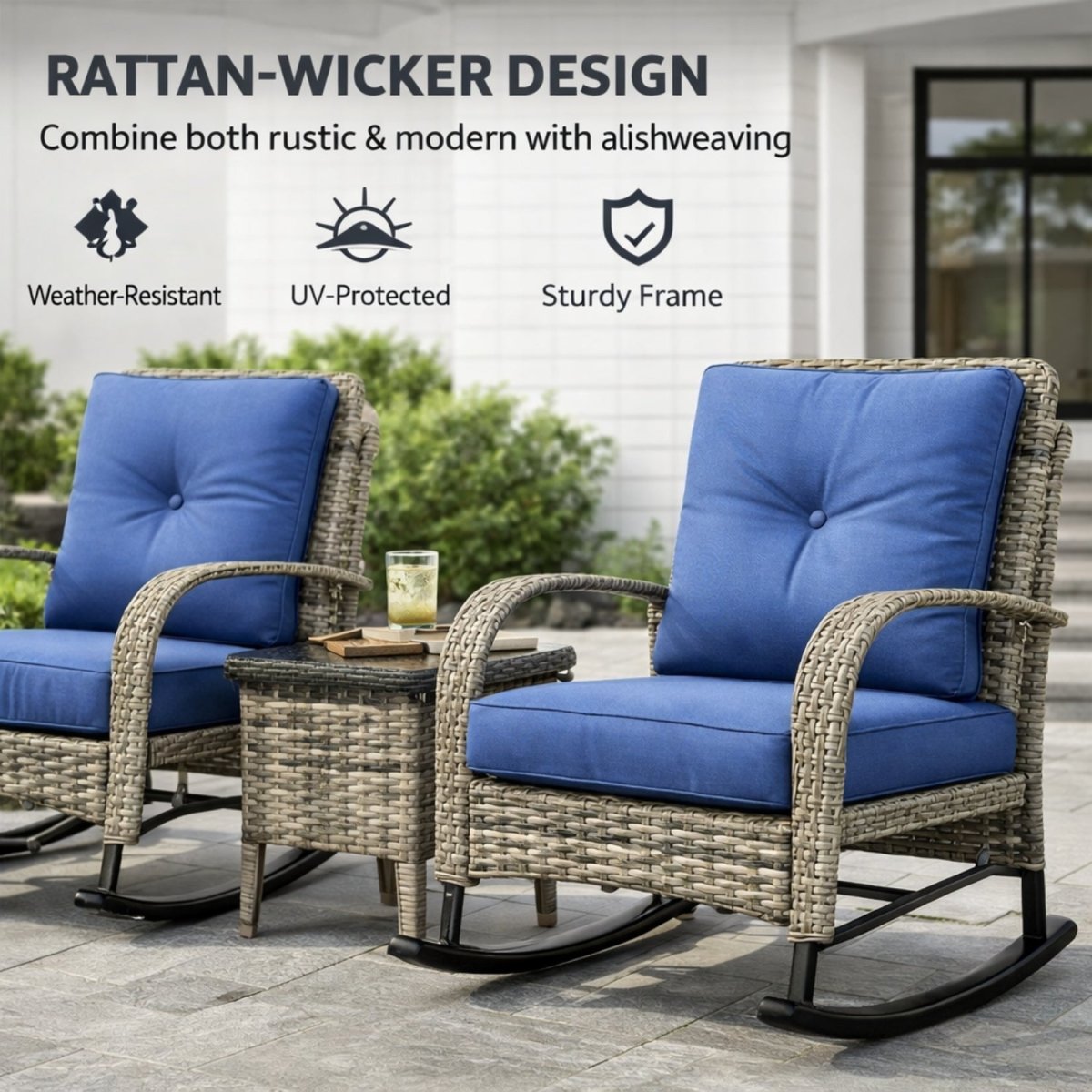 Obsidian Harbor Monterey Retreat Set | All-Weather Wicker Rocking Chairs & Glass-Top Table