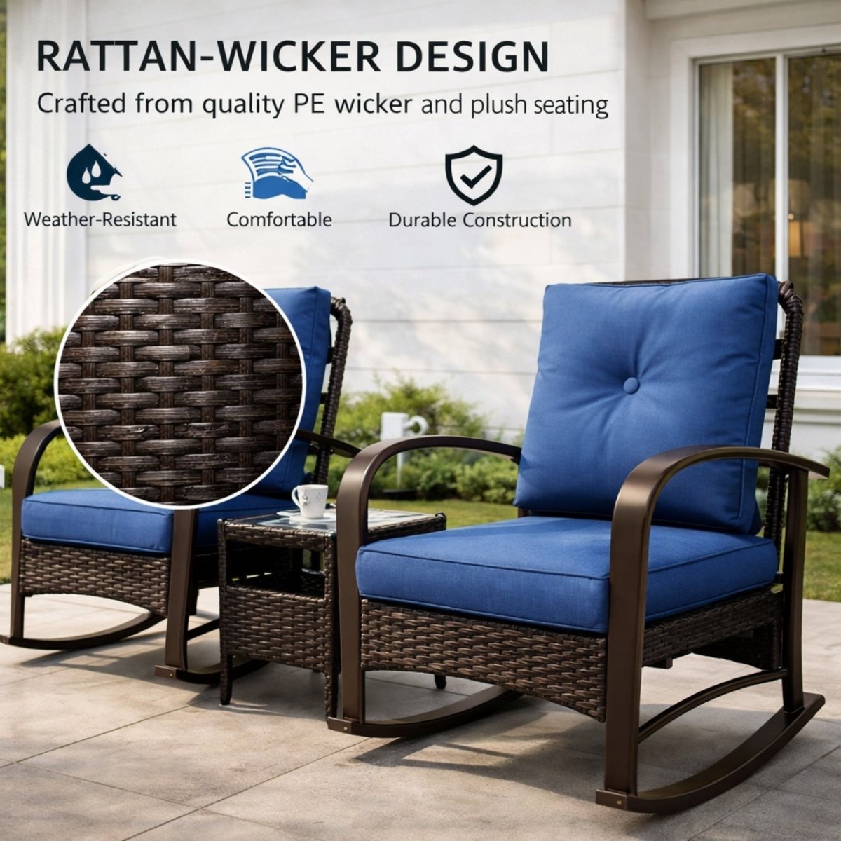 Obsidian Harbor Monterey Retreat Set | All-Weather Wicker Rocking Chairs & Glass-Top Table