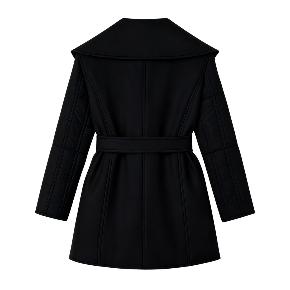 Woman wearing the Kouvr Fashion Sheila Wrap Coat in black, tied at the waist, shown from the back zoom
