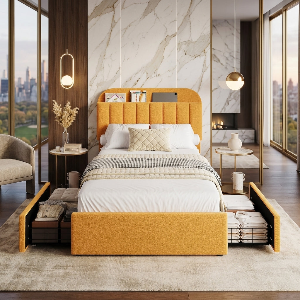 Twin Bed Frame with Storage Headboard Kids Bed Frame with 2 Drawers, Boucle Upholstered Platform Bed with Bookcase Easy Assembly - luxury living room