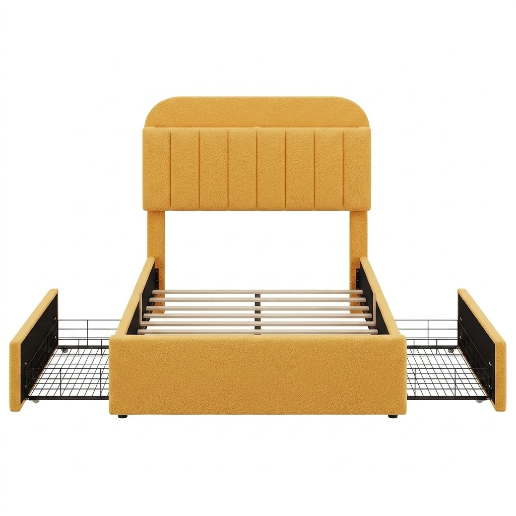 Twin Bed Frame with Storage Headboard Kids Bed Frame with 2 Drawers, Boucle Upholstered Platform Bed with Bookcase Easy Assembly - front view