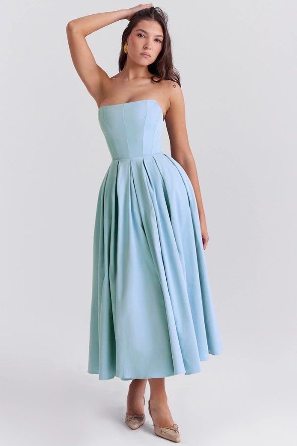 Aneri Strapless Midi Sundress – Corset Summer Dress for Vacation, Brunch &  Garden Parties