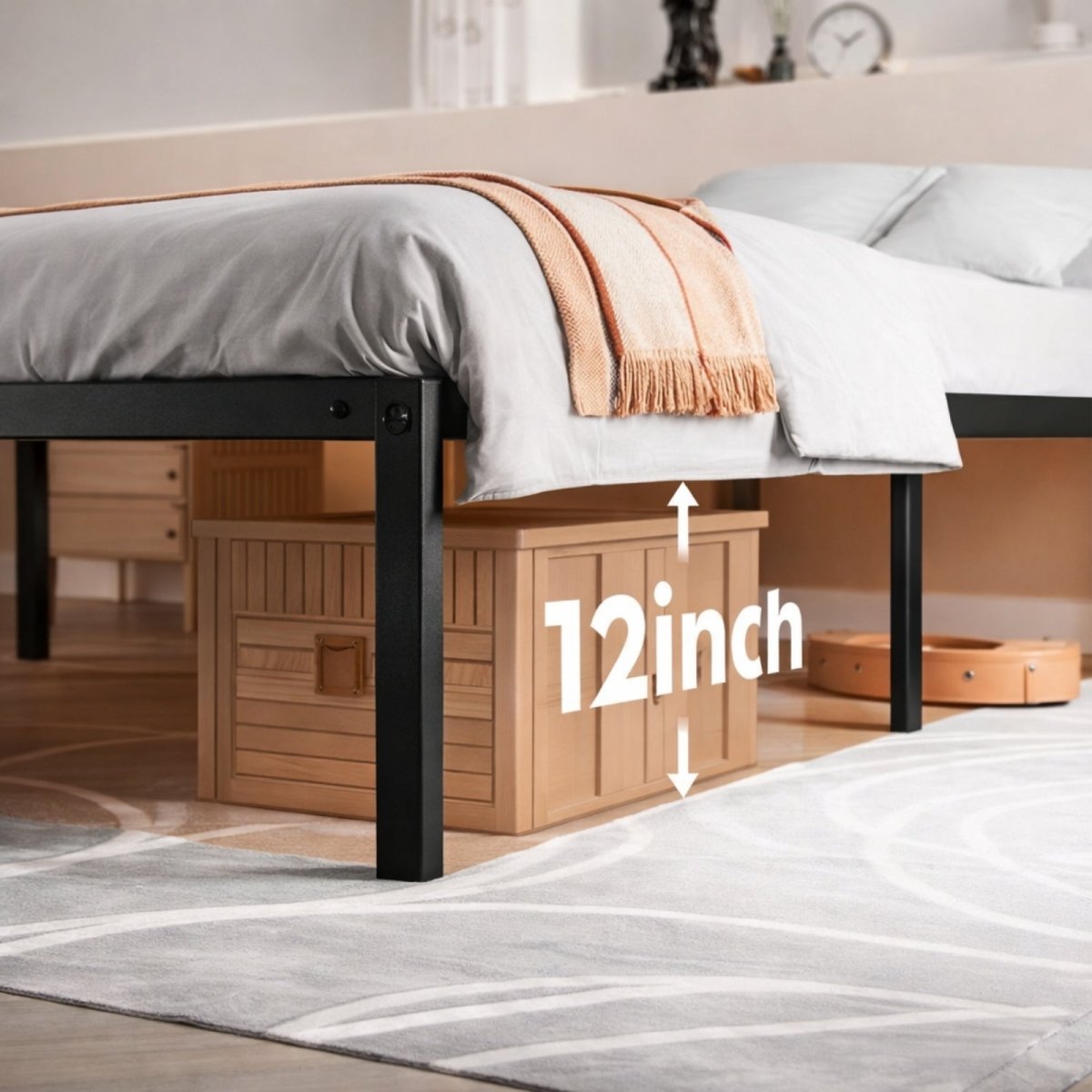 Close up of 12-inch vertical clearance under metal bed frame illustrating space for large storage bins and organization.