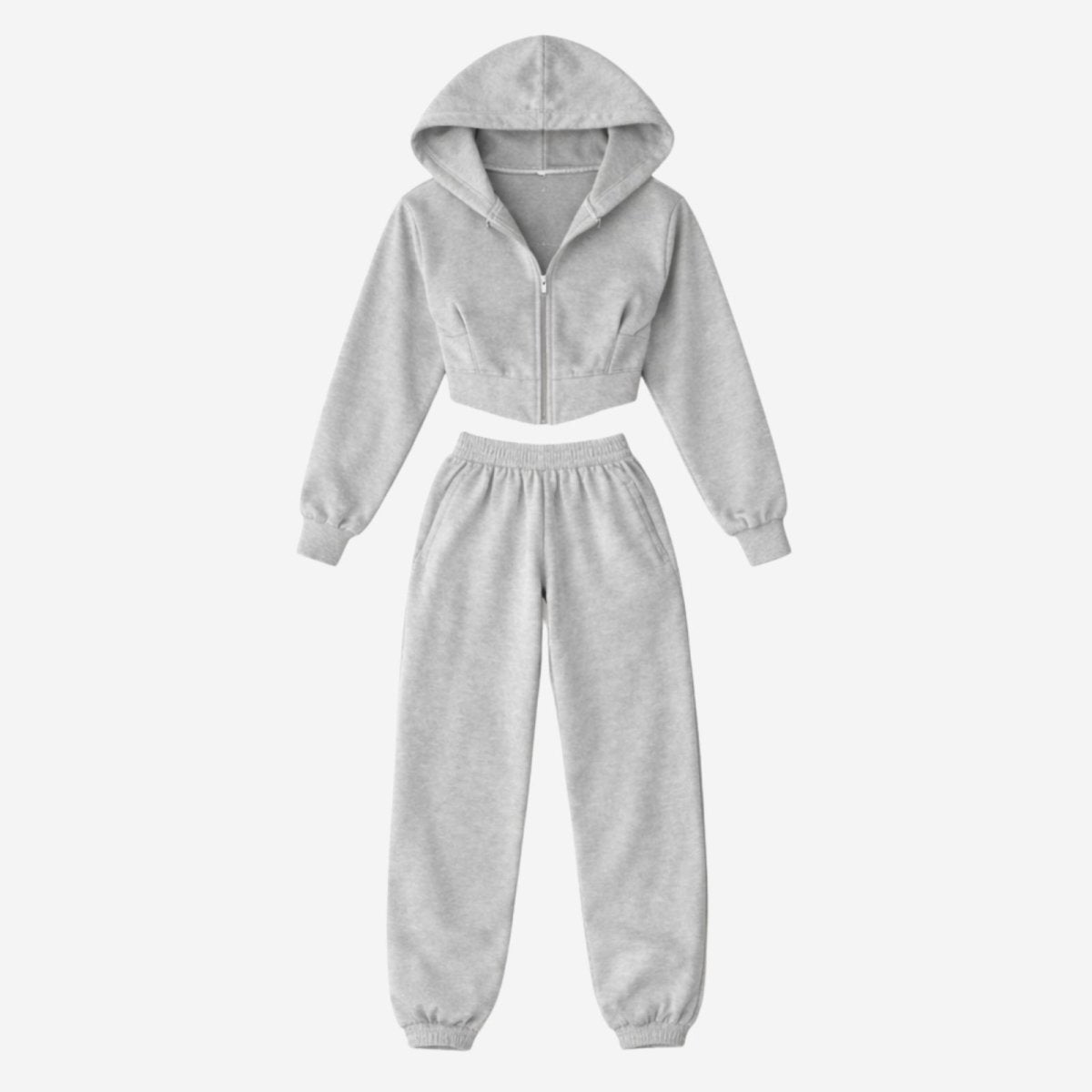 Flat lay of the Kouvr Fashion Ellaine heather grey cropped zip hoodie and matching joggers, showing the full two-piece set.