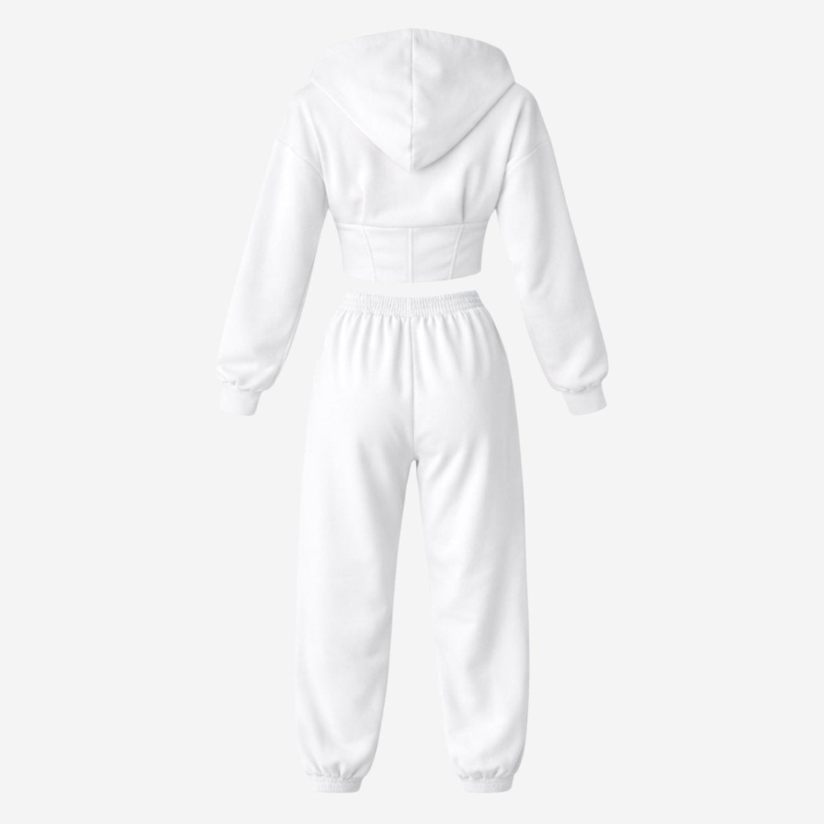 Back view flat lay of the Kouvr Ellaine two-piece white tracksuit, showing the construction and details of the luxury cotton fleece hoodie and joggers.