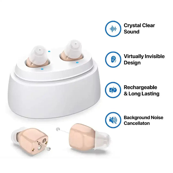 Hearing aids with charging case and features listed on a white background