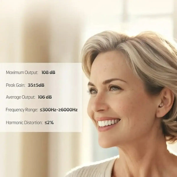 Woman with blonde hair smiling, with audio equipment specifications overlayed on the left.