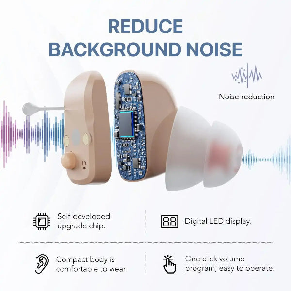 Earbud with electronic components and text highlighting noise reduction features on a white background