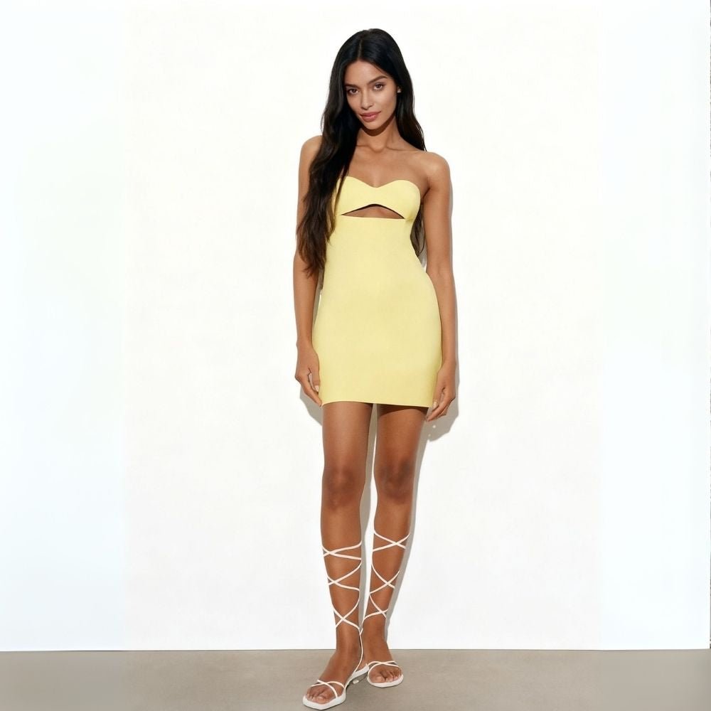 knee length dresses for ladies Yellow Cutout Strapless Mini Dress | Sweetheart Neckline Cocktail Party  Dress | Structured A-Line Bandeau Occasion Gown For Women
