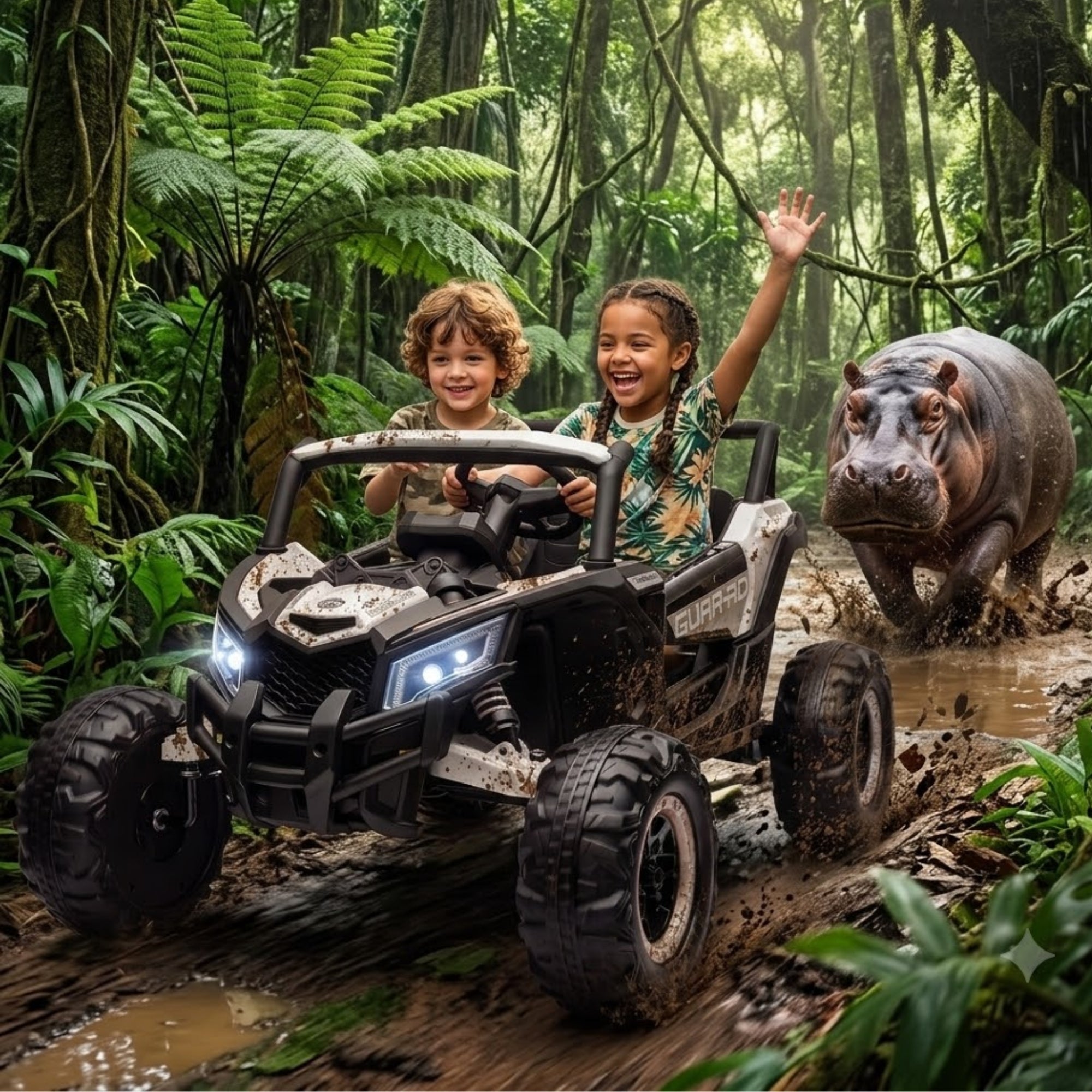 A boy and girl waving and driving a red two-seater kids' electric UTV buggie through a tropical rainforest with a tiger running nearby.