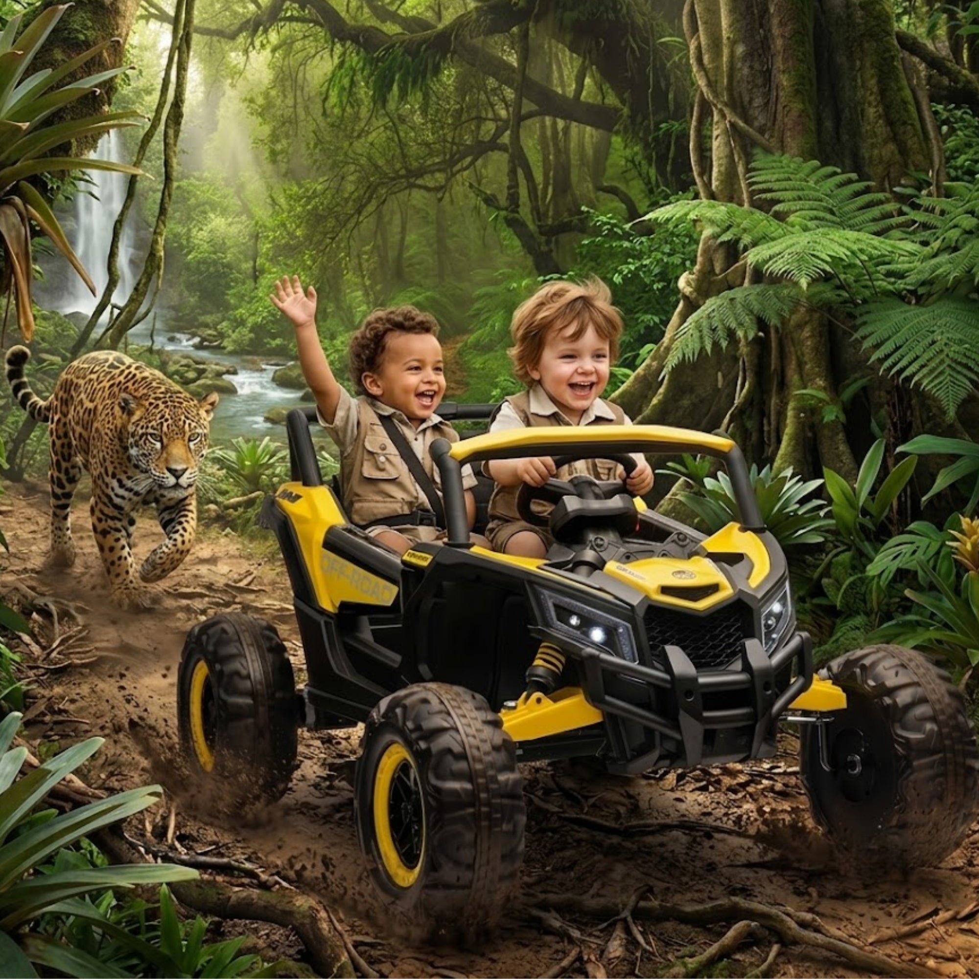 Two smiling young boys driving a yellow 24V kids' ride-on UTV through a lush green jungle setting with a jaguar in the background.