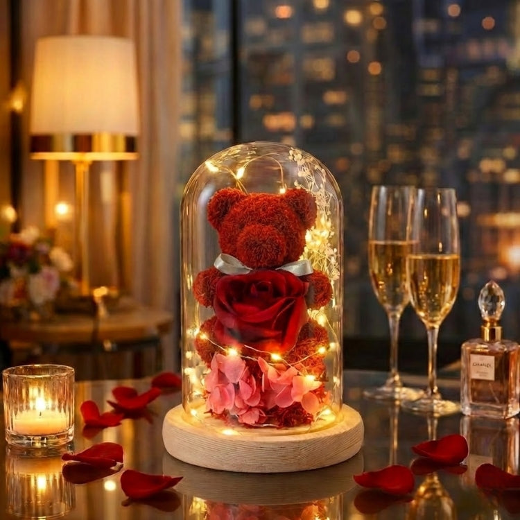 Eternal Rose Bear in Glass Dome with Lights - Romantic Anniversary Gift for Her, Preserved Red Forever Rose, Enchanted Teddy Bear Lamp Gift by Kouvr