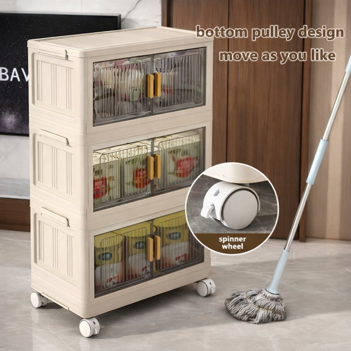 Close up of silent 360-degree spinner wheels on the Kouvr storage cabinet for easy mobility and cleaning.