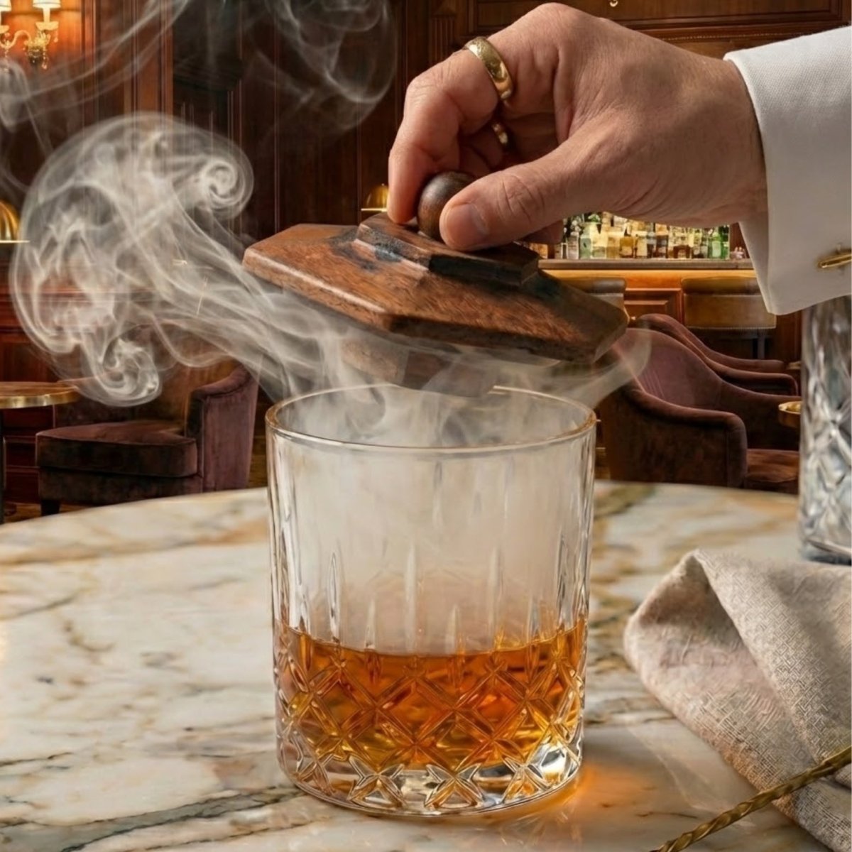 Premium Cocktail Smoker Kit for Whiskey & Bourbon – Wooden Drink Smoker Top with 4 Wood Chip Flavors – Old Fashioned Infuser Set