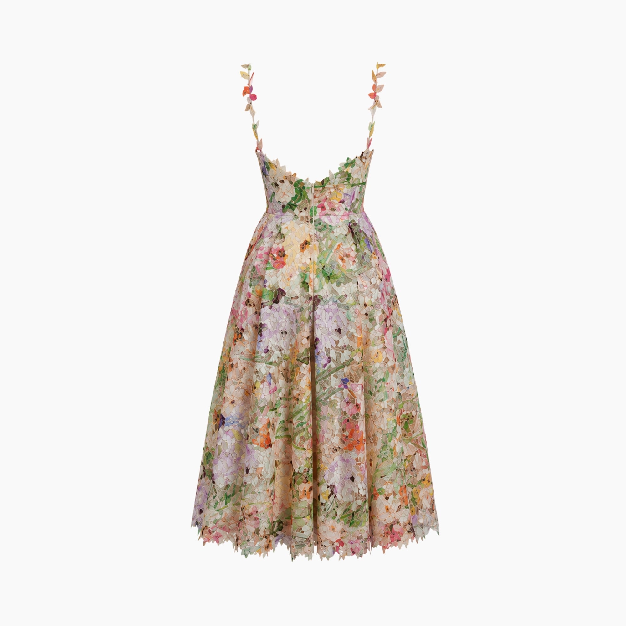 Flat lay back view of Kouvr detailed floral applique midi dress showing the hidden back zipper closure.