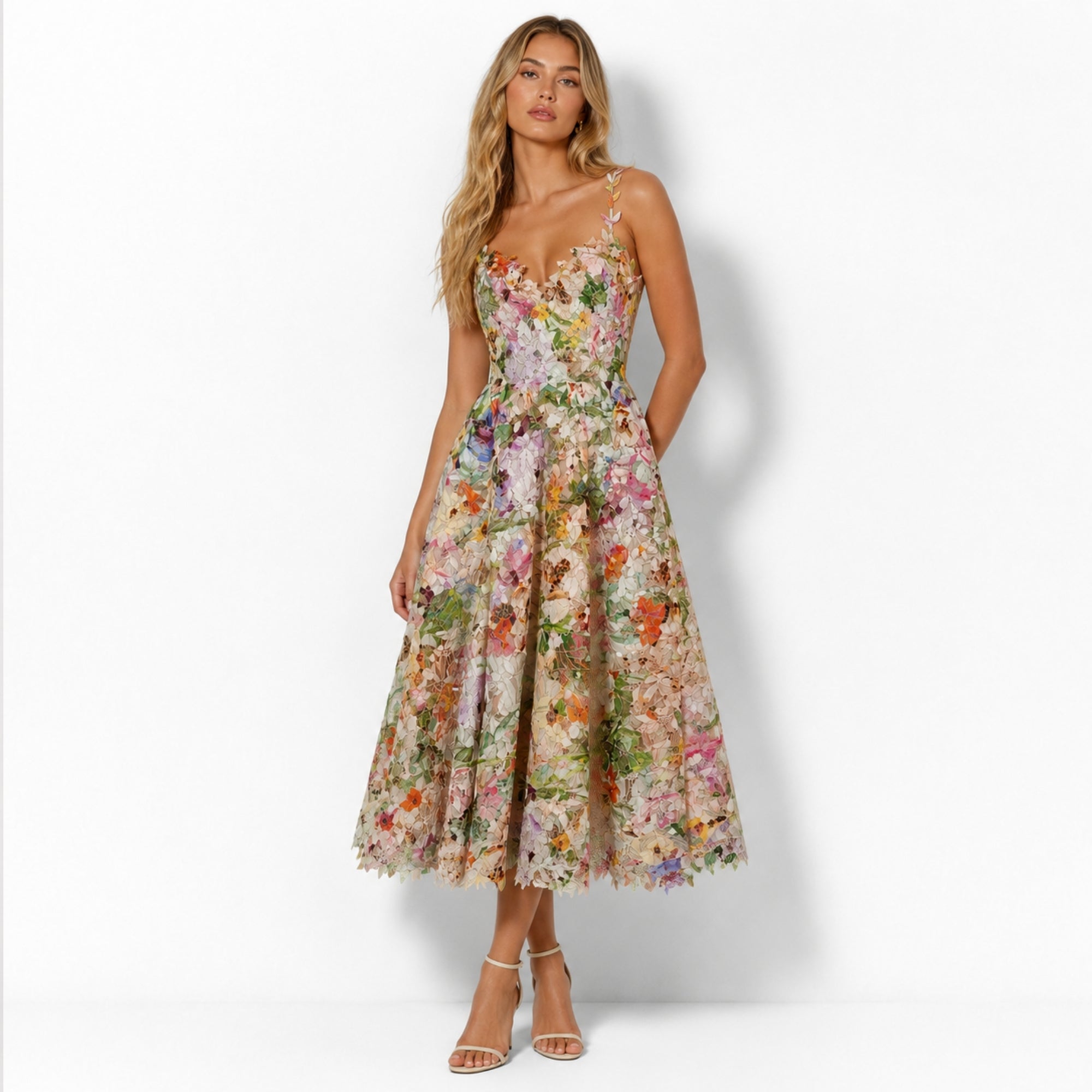 Front view of model wearing Kouvr 3D floral applique lace midi dress with sweetheart neckline and A-line skirt.