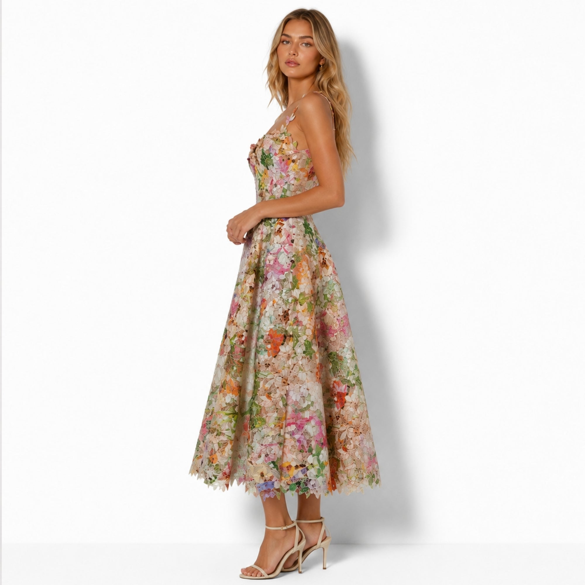 Side profile of model wearing Kouvr A-line floral wedding guest midi dress showing structured bodice fit.