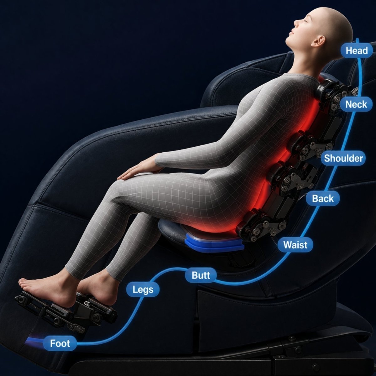 Ergonomic SL-track visualization showing full body massage roller coverage from the head and neck down to the feet and calves.