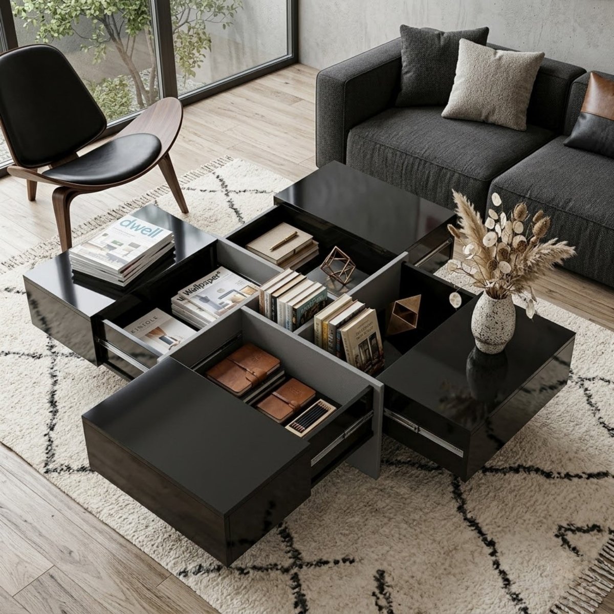 Overhead view of a square wood coffee table demonstrating four extended hidden storage drawers revealing spacious internal compartments.