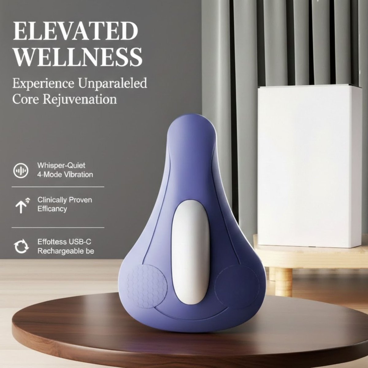 Infographic of Kouvr Elite showing whisper-quiet 4-mode vibration and clinically proven efficacy.