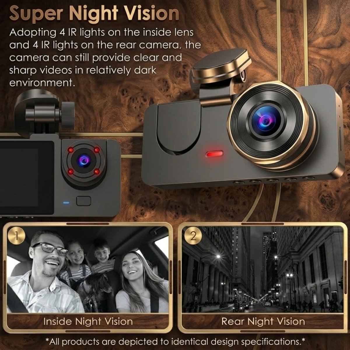 Technical diagram of a 4K dash cam highlighting the IPS touch screen, USB-C power interface, and 128GB MMC storage support.