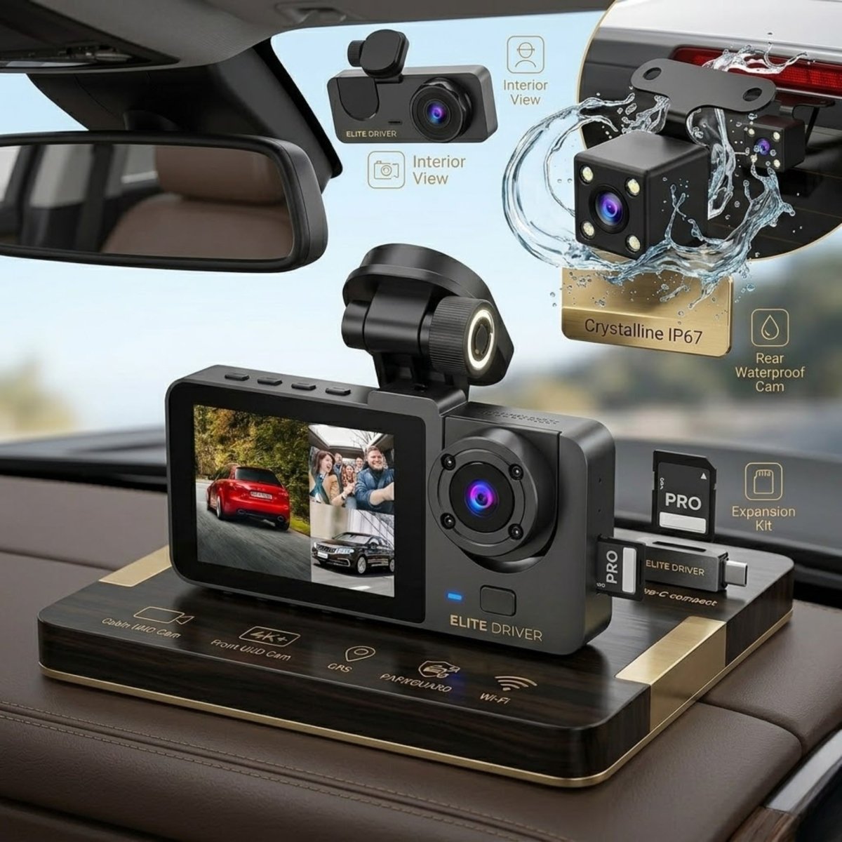 Man installing a compact Elite Driver 4K dash camera on a car windshield next to the rearview mirror.