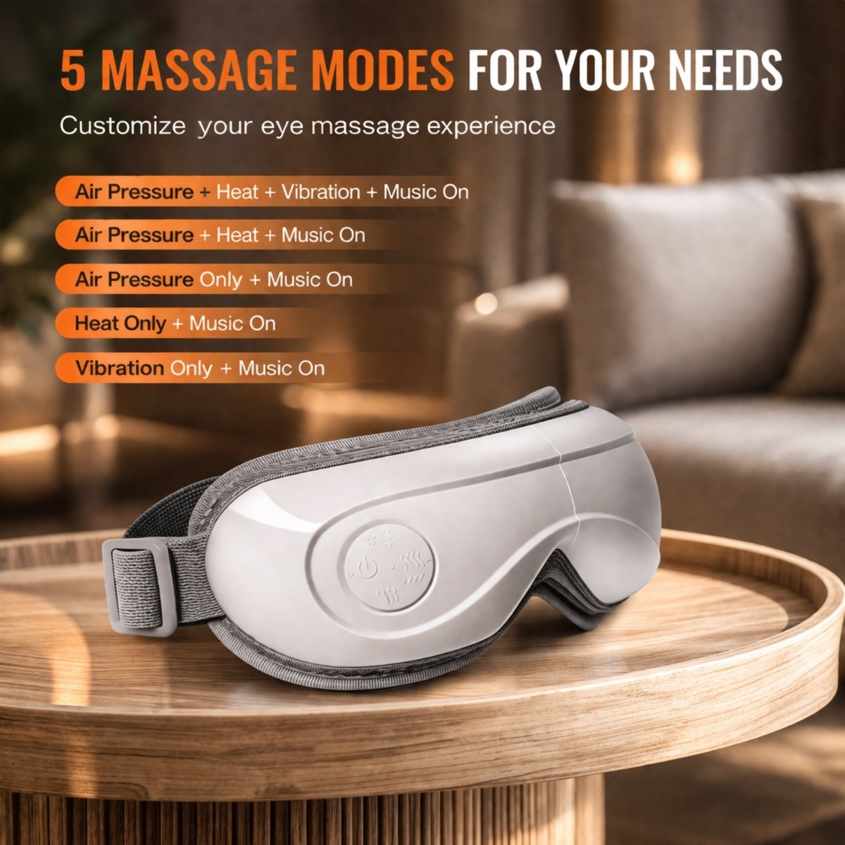 KVOUR eye massager resting on a wooden coffee table displaying its 5 customizable massage modes including air pressure, heat, and vibration.