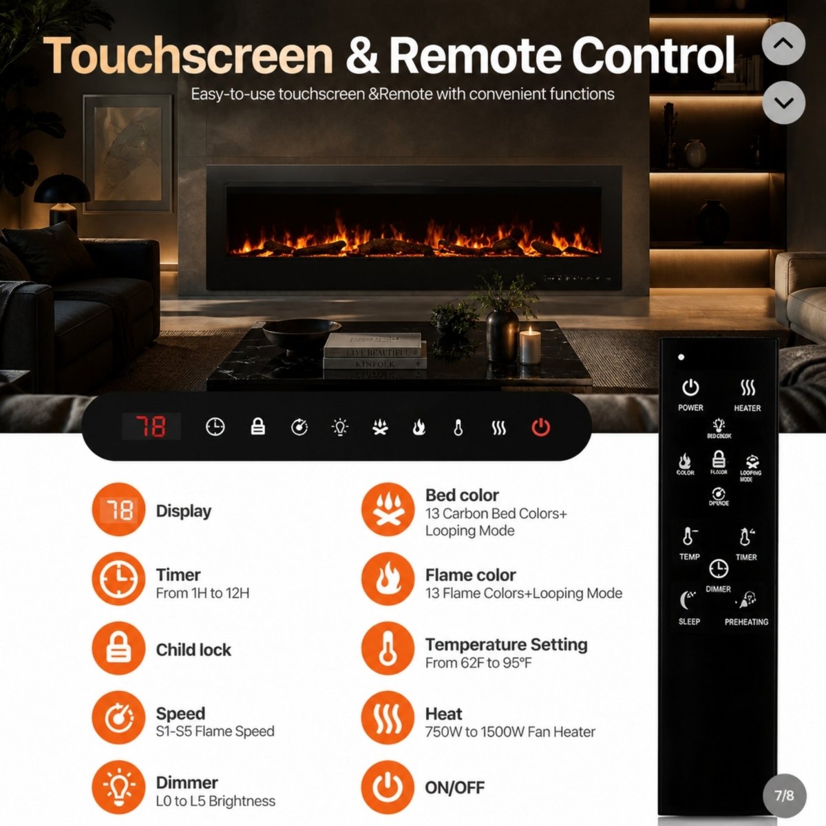 Elegant media wall setup featuring a 5100 BTU Kouvr electric fireplace installed perfectly below a flat-screen television for whole-room heating
