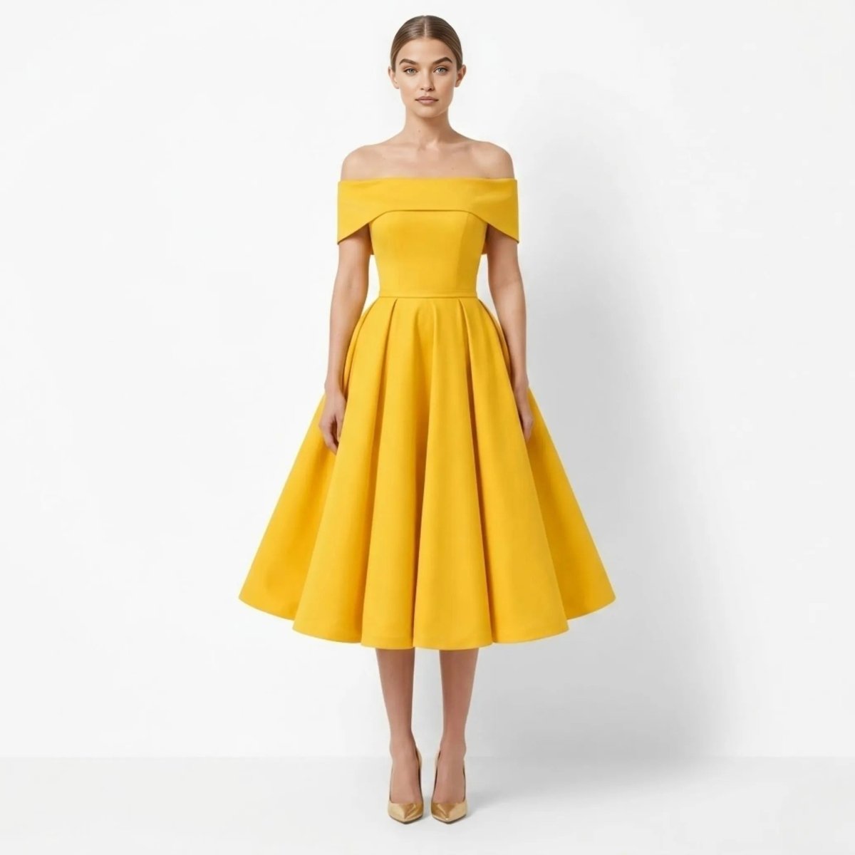Front view of woman wearing elegant gold off the shoulder midi dress with pleated skirt by Kouvr