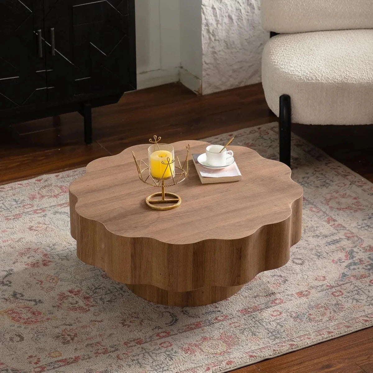 Farmhouse Design Mid Century Modern Low Pedestal Base Flower Shape Desktop Wood Coffee Table for Living Room Apartment