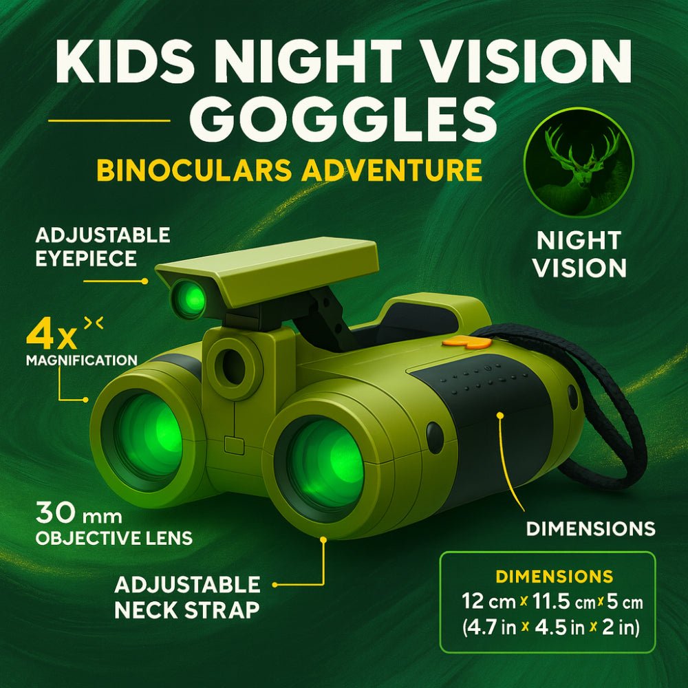 Kids Night Vision Binoculars with Pop-Up Spotlight – Green Toy Field Glasses for Safari, Camping & Spy Play (Ages 3-10)