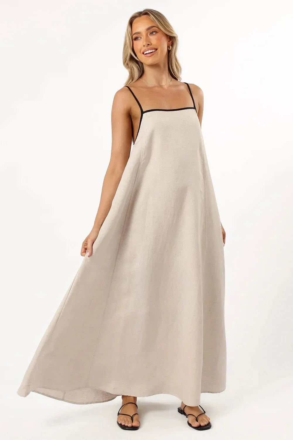 Beige Maxi Dress with Open Back Tie | Square Neck Minimalist Summer Gown |  Natural Contrast Strap Trapeze Dress with Pockets