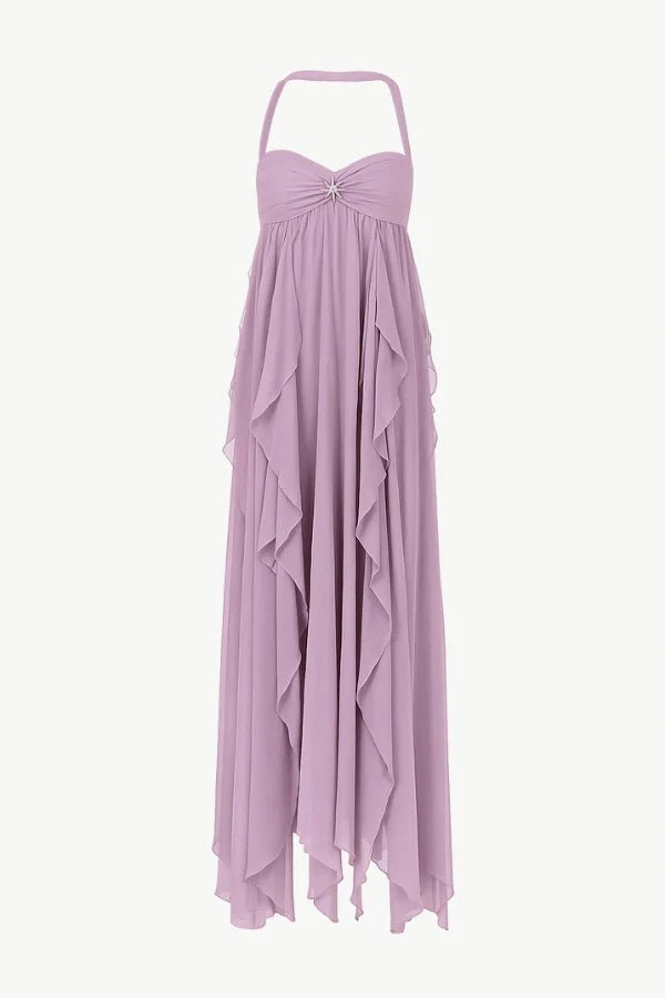 'ariel silhouette', 'Grecian goddess dress', 'cascading ruffle detail', 'asymmetrical hem', and 'sweetheart bodice