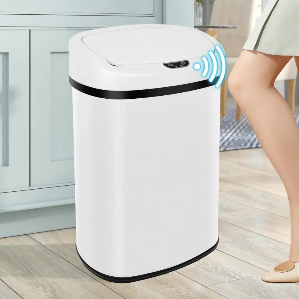 hygienic waste disposal," "odor-control garbage can," "fingerprint-resistant," "soft-close lid," and "battery-operated bin