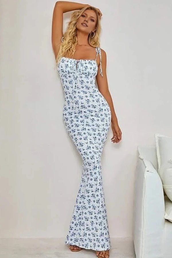 figure hugging maxi dress Blue Floral Maxi Dress | Tie Shoulder Ruched Bust Bodycon Gown | Romantic  Mermaid Summer Wedding Guest Dress