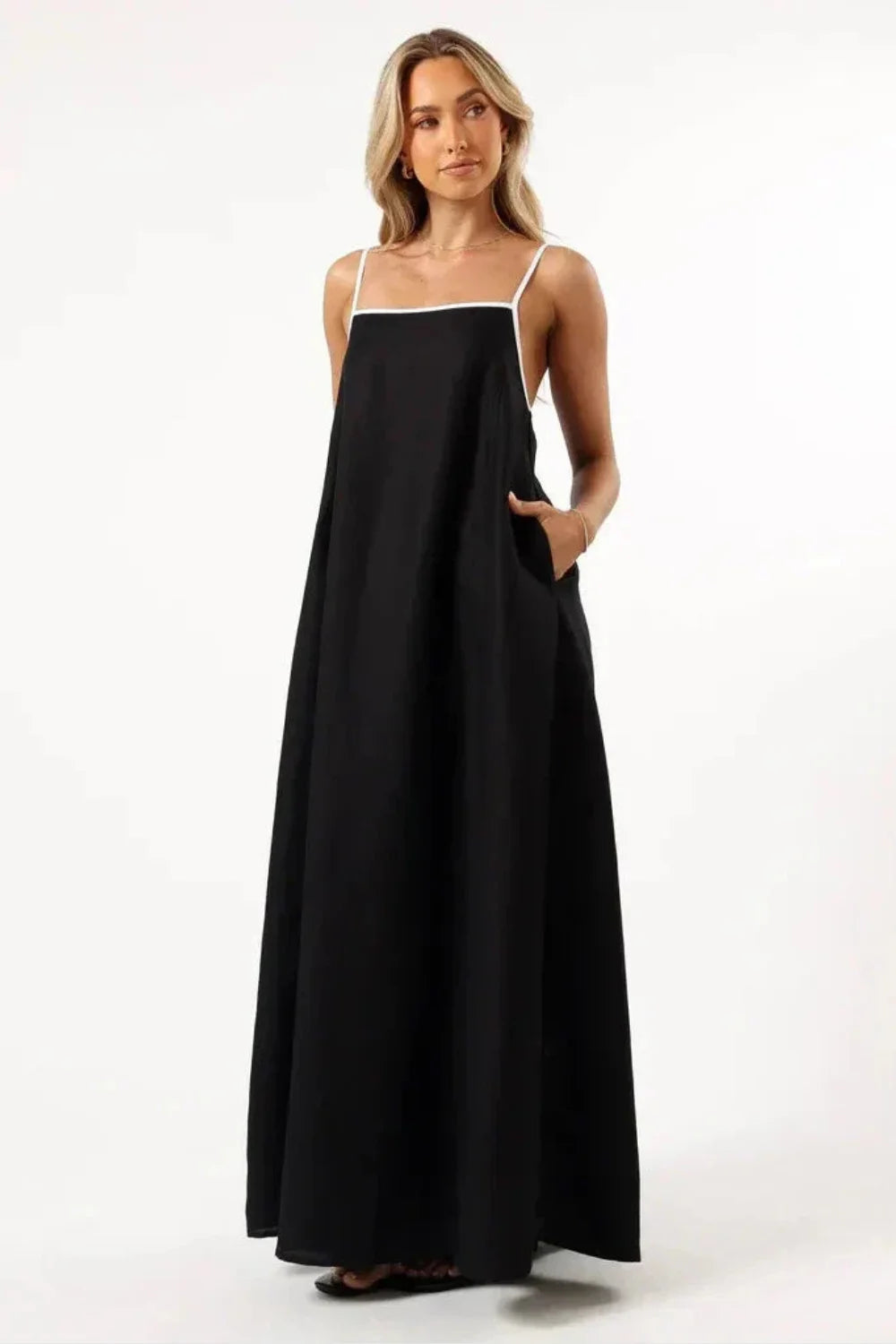 Black Linen Maxi Dress with Pockets - Adjustable White Tie-Back Straps, Square Neck, A-Line Summer Vacation Sundress for Women by Kouvr Black Linen Maxi Dress with Pockets - Adjustable White Tie-Back Straps, Square Neck, A-Line Summer Vacation Sundress for Women by Kouvr