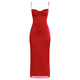crimson," "haven," "floor-length," "figure-hugging silhouette," "structured bodice," and "date night dress