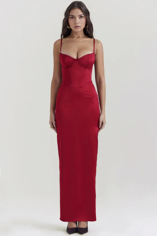 crimson," "haven," "floor-length," "figure-hugging silhouette," "structured bodice," and "date night dress