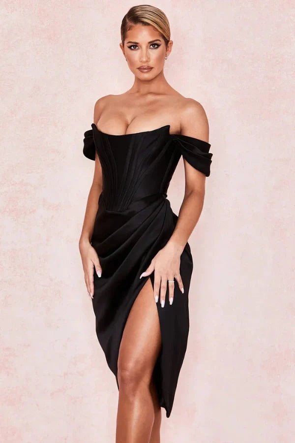 structured bodice, bardot neckline, asymmetric hem, sculpted silhouette, and couture-inspired draping