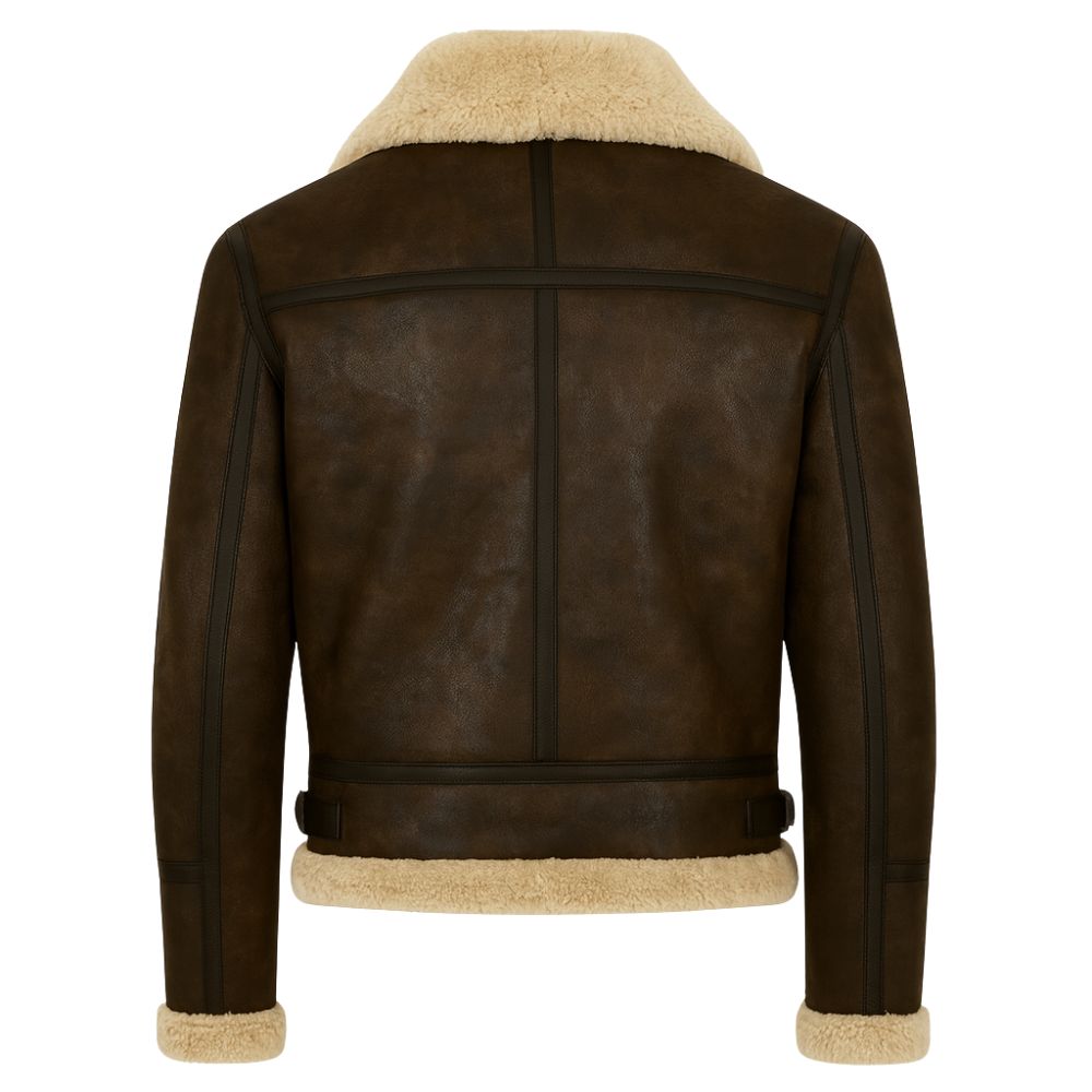 Brown kouvr leather jacket with beige fur lining on a white background