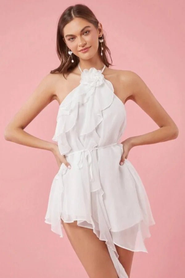 White Halter Romper with Ruffles| Flowy Chiffon Skort Dress for Bridal Shower, Bachelorette Party, Vacation | Kouvr Fashion White Halter Romper with Ruffles| Flowy Chiffon Skort Dress for Bridal Shower, Bachelorette Party, Vacation | Kouvr Fashion