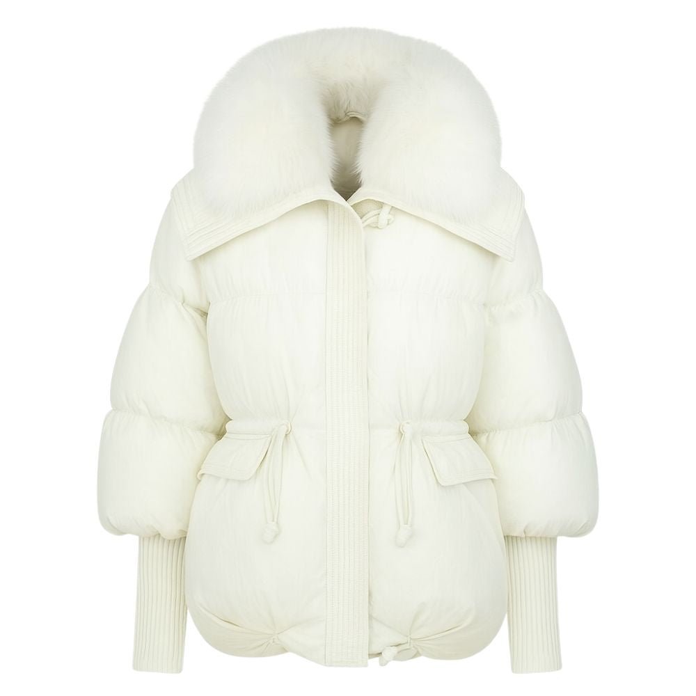 White kouvr puffer jacket with ribbed cuffs on a white background