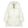 Women wearing a white kouvr winter jacket with fur hood on a white background